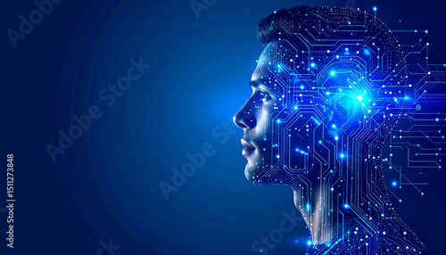 A futuristic depiction of a human face integrated with digital circuits, symbolizing the fusion of technology and humanity