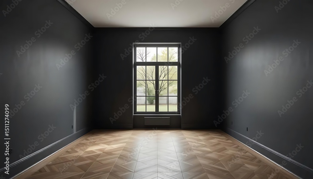 Obraz premium Minimalist room with herringbone parquet flooring and dark painted walls