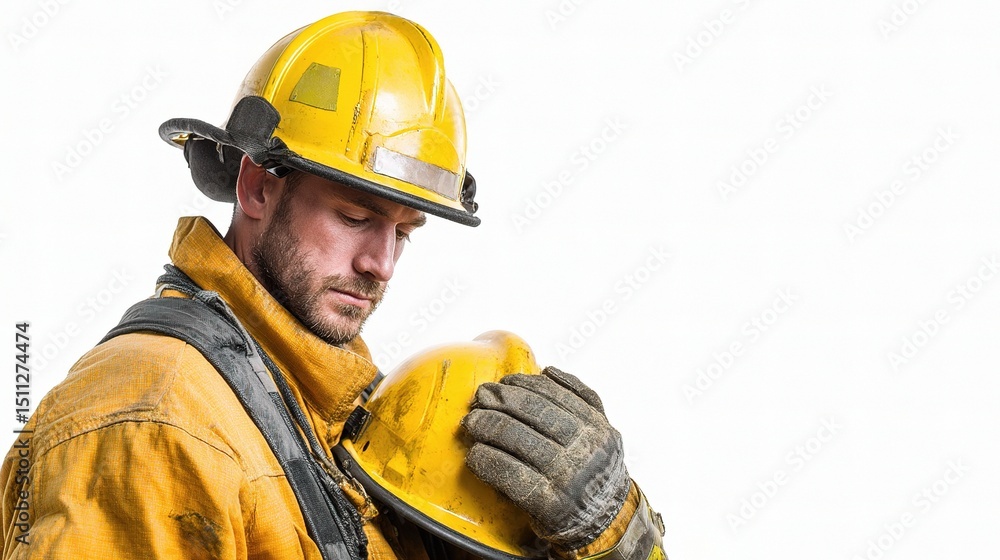 Firefighter in Gear Holding Helmet Isolated on White Background Firefighter in Gear Holding Helmet Isolated on White Background