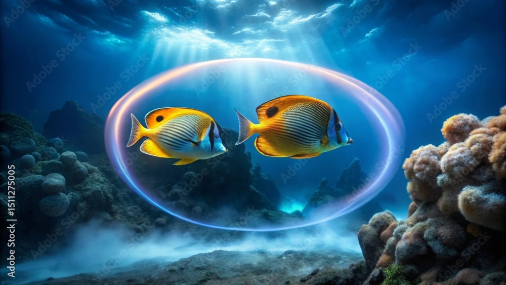 Enigmatic Underwater Scene Two Vibrant Butterflyfish Swim Within a Luminous Orb, Surrounded by Serene Coral Reef and Mysterious Deep Ocean Enigmatic Underwater Scene Two Vibrant Butterflyfish Swim Within a Luminous Orb, Surrounded by Serene Coral Reef and Mysterious Deep Ocean