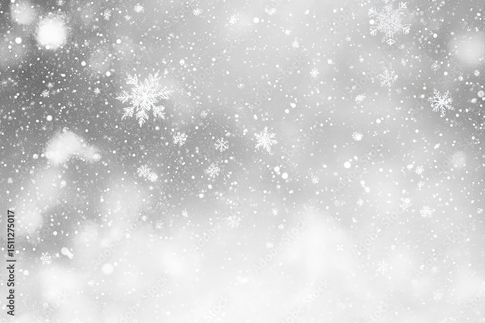 Fototapeta premium Winter snowfall, soft grey backdrop, detailed snowflakes