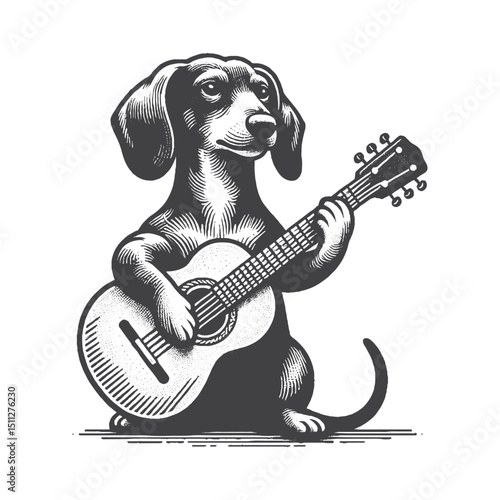 Vintage Hand-Drawn Dachshund Illustration – Playing Guitar Dog Engraved Style Vector for T-Shirts Posters Stickers and Pet Themes Apparel