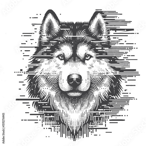Vintage Hand-Drawn Siberian Husky Illustration – Glitch Effect Dog Head Engraved Style Vector for T-Shirts Posters Stickers and Pet Themes Apparel
