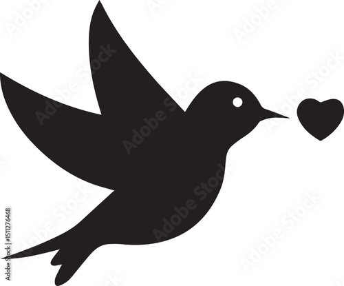 Flying bird with heart: A minimalist artistic rendition of a bird soaring with a heart, symbolizing love and freedom in a clean, uncluttered aesthetic.