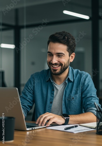 Man Smiling While Using Laptop on Wooden Desk in the Office