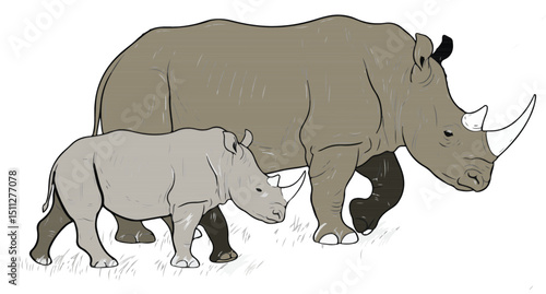 Isolate painting. Mother-and-son rhinoceros are walking in vector form.