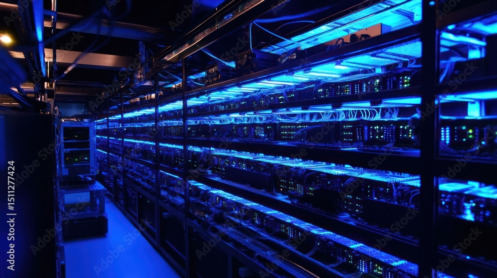 Obraz premium Blue-lit server racks in a data center
