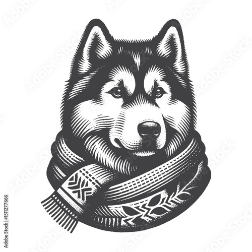 Vintage Hand-Drawn Siberian Husky Illustration – Dog Wearing Scarf Engraved Style Vector for T-Shirts Posters Stickers and Pet Themes Apparel