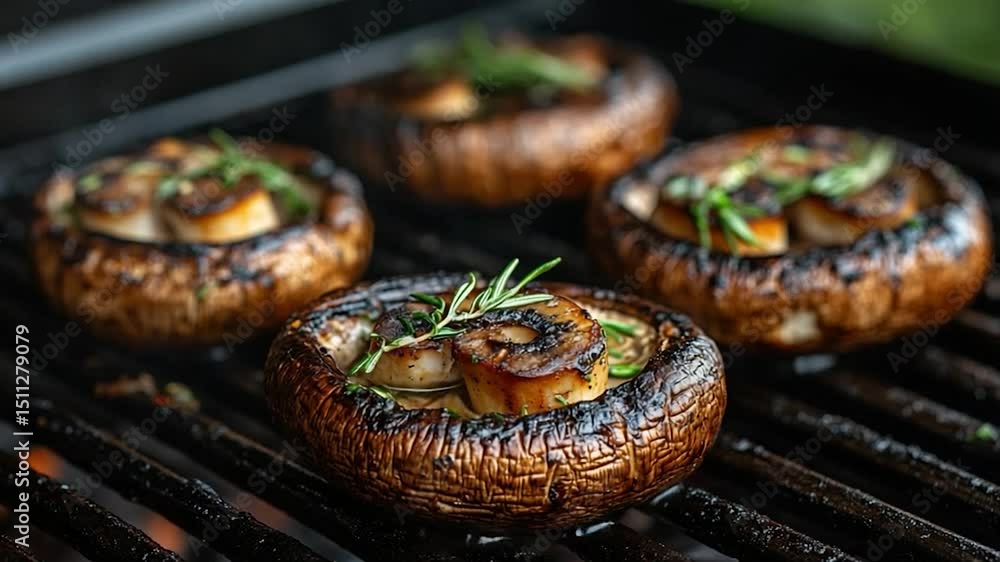 Grilled Portobello Mushrooms Garnished With Rosemary On Black Grill Surface Grilled Portobello Mushrooms Garnished With Rosemary On Black Grill Surface