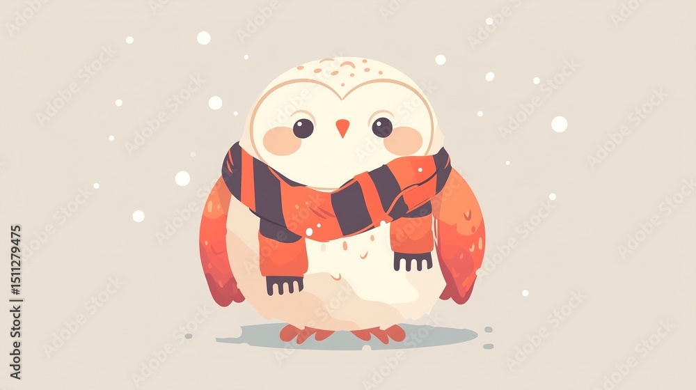 Fototapeta premium Flat style owl mascot wearing a cozy scarf, charming illustration with bold outline and sticker style in a circular design and limited color palette of coral, beige and grey