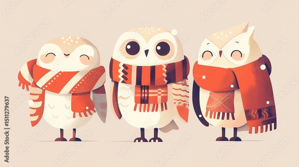 Fototapeta premium Flat style owl mascot wearing a cozy scarf, charming illustration with bold outline and sticker style in a circular design and limited color palette of coral, beige and grey