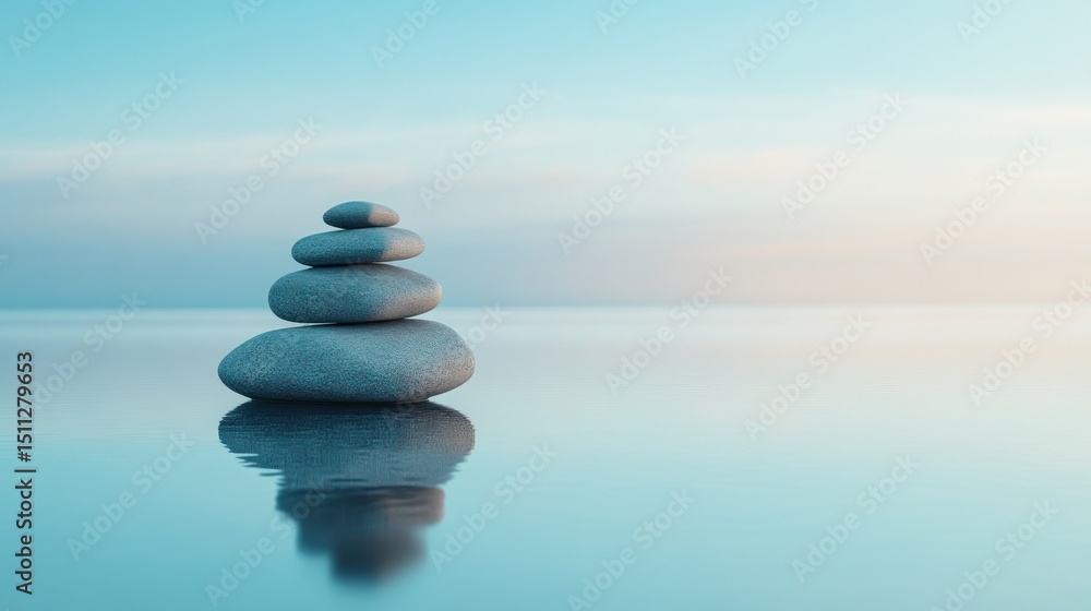 Serene stone stack reflecting in calm water under a pastel sky Serene stone stack reflecting in calm water under a pastel sky