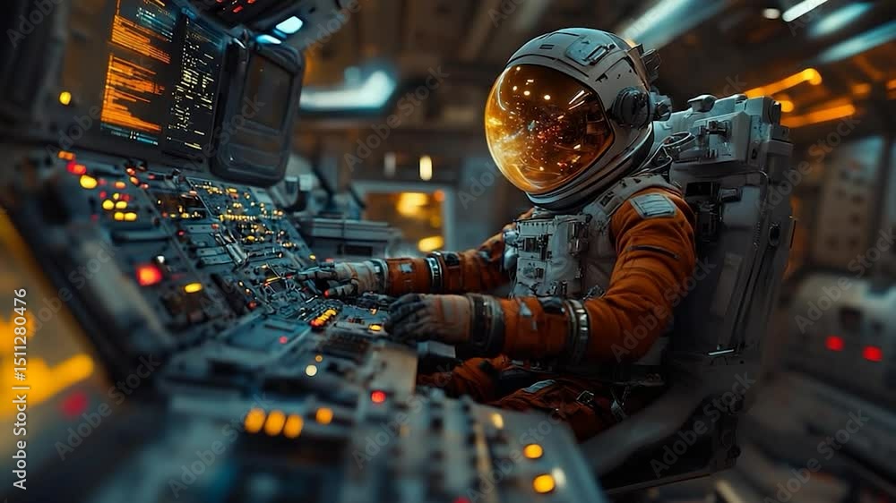 Astronaut Inside Cockpit with Orange Suit and Lit Helmet and Glowing Controls Astronaut Inside Cockpit with Orange Suit and Lit Helmet and Glowing Controls