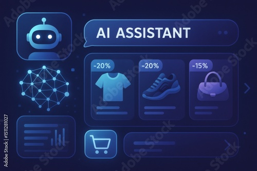 Futuristic AI Shopping Assistant Interface with Product Recommendations and Discounts - E-Commerce and Artificial Intelligence Concept