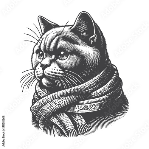 Vintage Hand-Drawn British Shorthair Wearing Scarf Illustration – Cozy Cat Engraved Style Vector for T-Shirts, Posters, Stickers, and Winter Themes Apparel