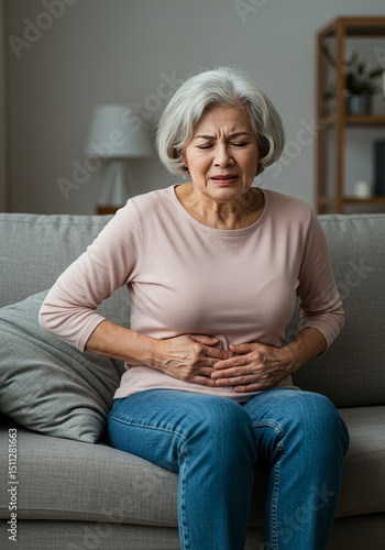 Senior Woman in Pain Holds Stomach at Home on Sofa Upset Health