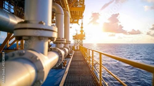 Close-up on offshore oil rig pipeline with flanges and bolts extending over blue ocean waves in bright sunlight for energy production