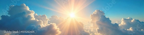 Golden sun rays bursting through fluffy clouds, illuminating a vibrant blue sky A breathtaking natural scene perfect for backgrounds or illustrating sunny weather , sky, golden, spring