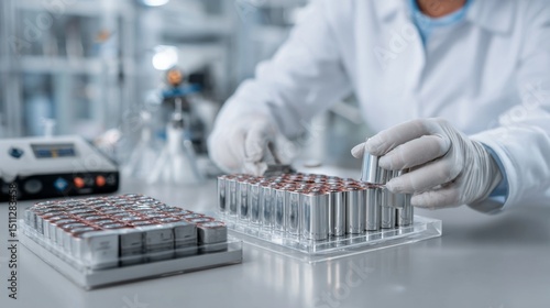 Laboratory Technician Working with Battery Cells in Research Facility