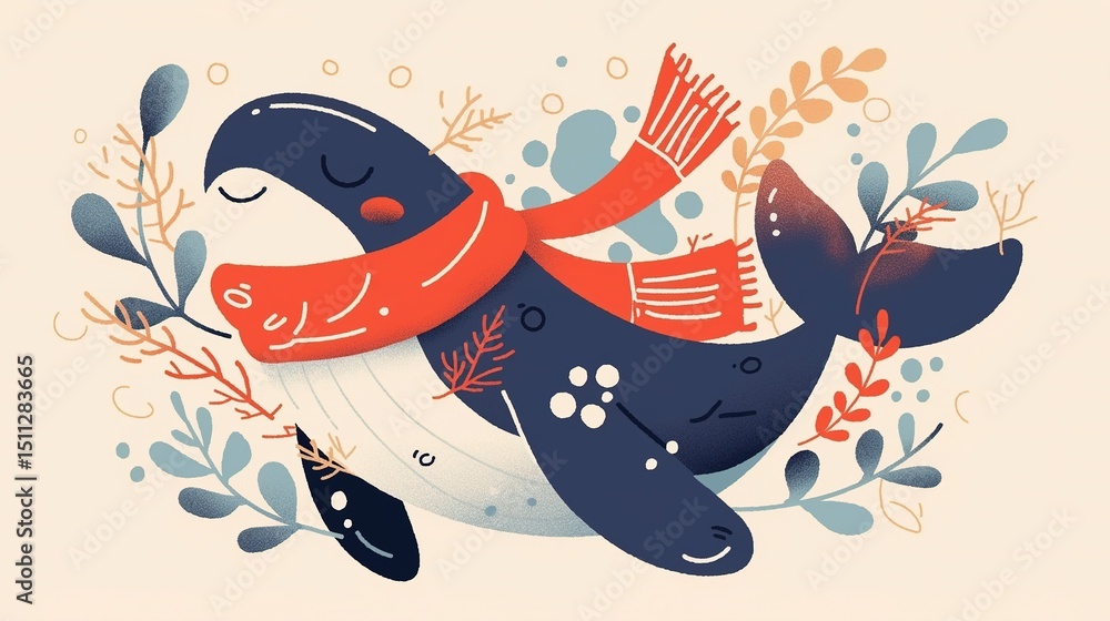 Fototapeta premium Flat design of a whale mascot wearing a scarf, with rounded shapes and a limited color palette of coral, beige and grey. Thick line sticker style illustration