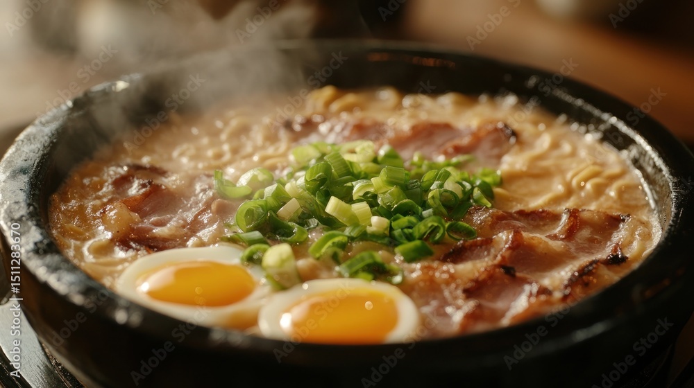 Steaming ramen with pork, eggs, and scallions Steaming ramen with pork, eggs, and scallions