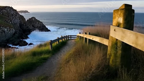 Coastal pathway scene with a wooden fence leading to the ocean cliffs and the sea. Green vegetation frames the scene in a natural landscape bathed in warm sunlight