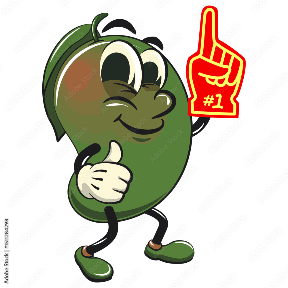 Fototapeta premium manggo retro vektor illustration mascot character raise foam finger, work of hand drawn