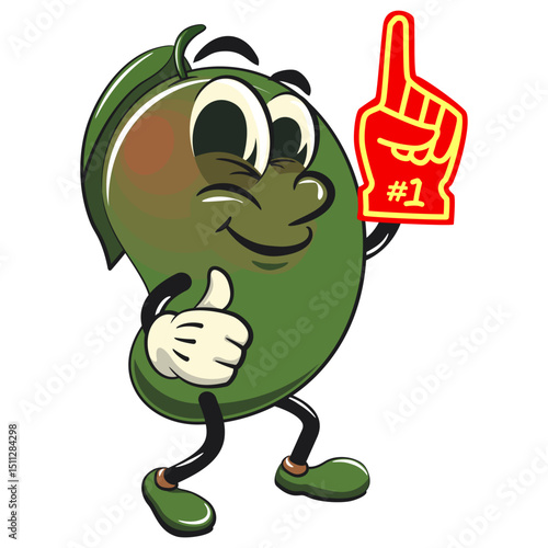 manggo retro vektor illustration mascot character raise foam finger, work of hand drawn