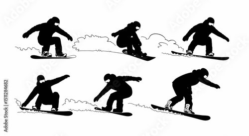 Snowboarder Silhouettes: Collection of dynamic snowboarder silhouettes in various riding positions, showcasing action and movement against a clean white background. 