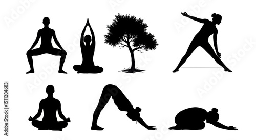 Yoga Silhouette Harmony: Silhouettes of yoga poses and a tree evoke a sense of tranquility and balance. Experience the peace of yoga and the beauty of nature through this artistic rendering.