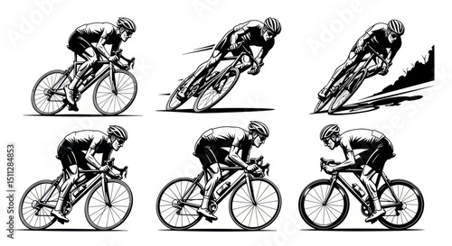 Cycling Dynamics: A monochrome display of a cyclist engaged in various stages of a high-speed road race, showing diverse perspectives in an active outdoor sports scene.