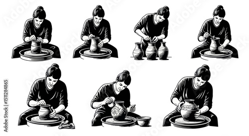 Crafting Pottery: A serene potter shapes clay on a spinning wheel, each motion embodying focus and tradition in black and white illustration.