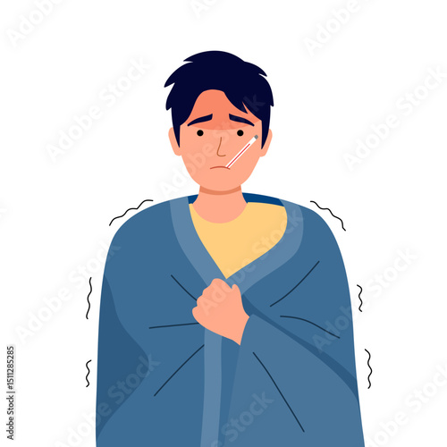 Seasonal allergy or flu concept. Young sick man under blanket with thermometer in his mouth. Feeling unwell, having cold or high fever.