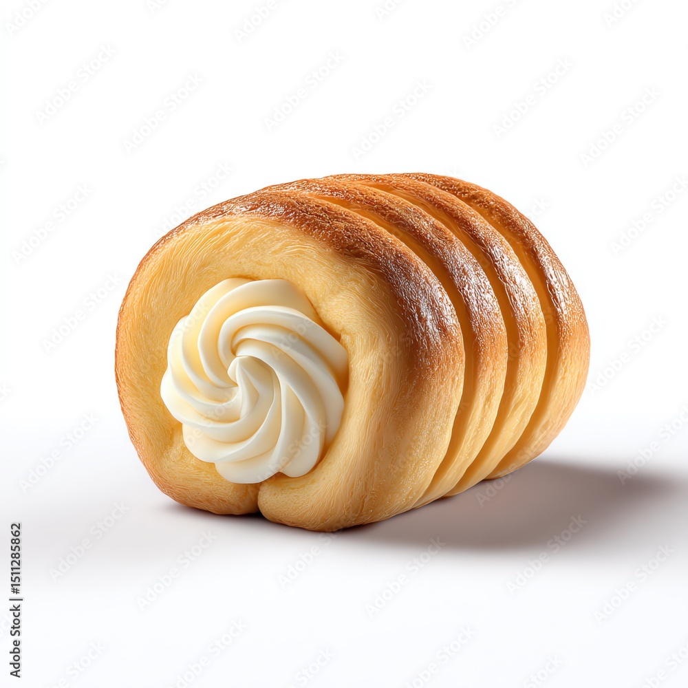 Fototapeta premium Delicious Cream Roll Pastry, Golden Brown Layers and Swirled Cream Filling