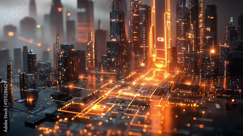 Wallpaper Mural A digital futuristic city with glowing orange grid lines and illuminated buildings in a misty nighttime landscape. Cyber infrastructure concept Torontodigital.ca