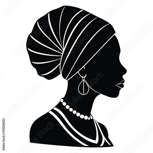 Silhouette of an African woman in a traditional turban, showcasing cultural elegance and grace with defined features and a proud, upright posture.
