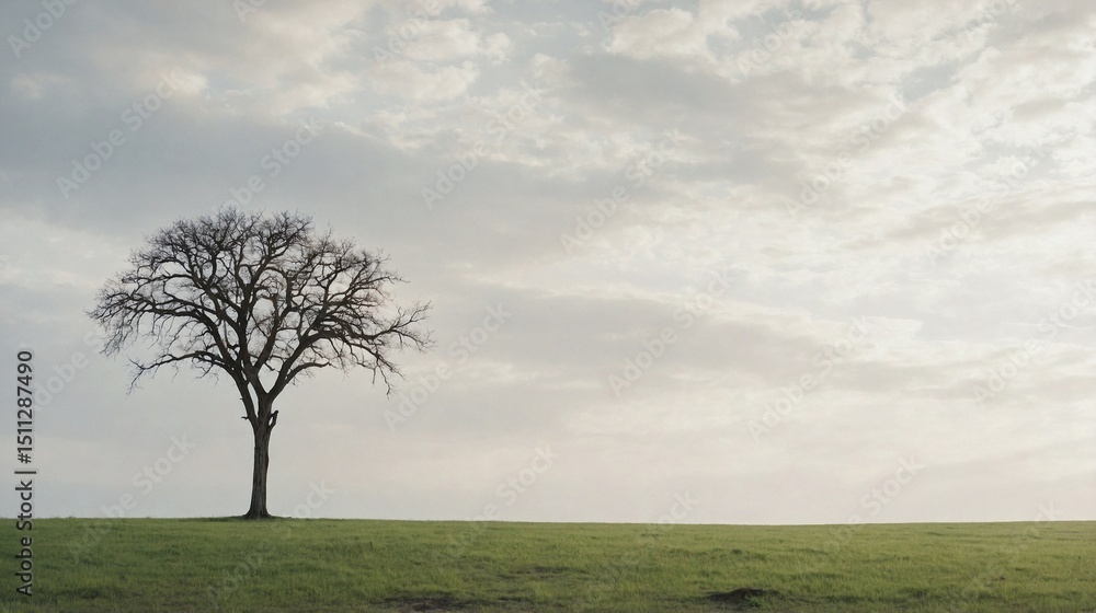 Naklejka premium Single Tree on a Grassy Plain Under a Pale Sky