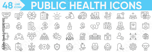 Public health icon set.Health, disease prevention, health protection, hospital services, family health, protection, medical services, health awareness, hygiene and more.Vector and illustrator set.
