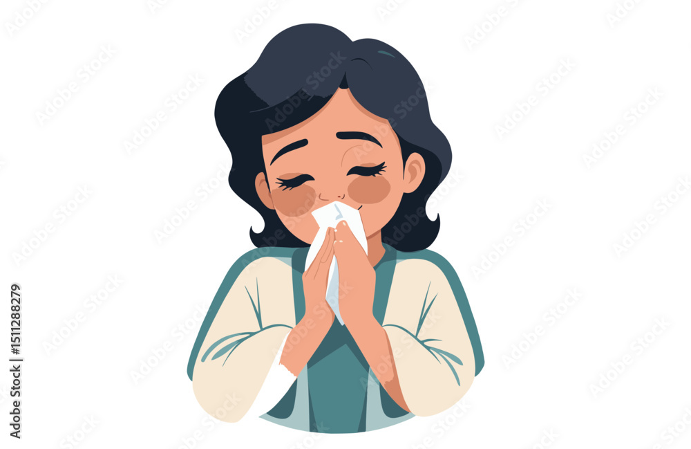 Girl Blowing Her Nose, Illustration of Sickness, Flu Season, Health, Cold Symptoms Girl Blowing Her Nose, Illustration of Sickness, Flu Season, Health, Cold Symptoms