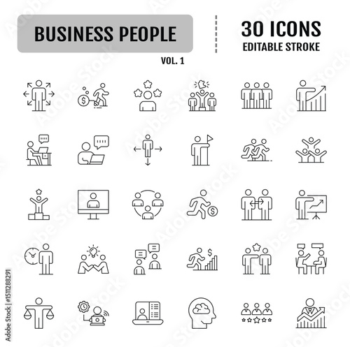 Business people line editable icon set. Containing team, leadership, workshop, employee, career and more. Vector illustration