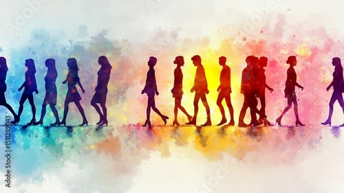 Silhouettes of people walking in a row against a vibrant watercolor background