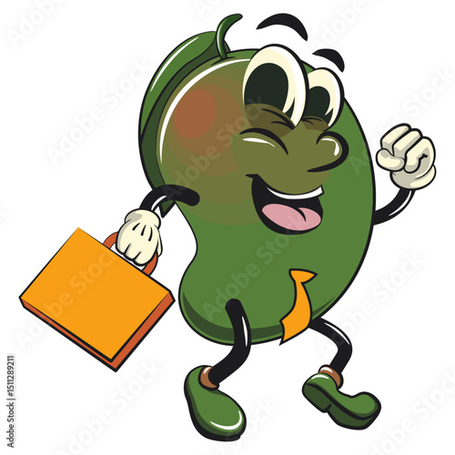 manggo retro vektor illustration mascot character in a suitcase rushing to the office, work of hand drawn