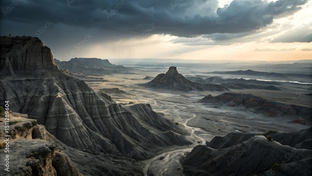 Fototapeta premium Dramatic landscape view of desert mountains with moody skies and sunlight breaking through