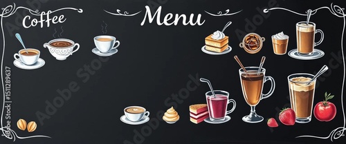 Vintage chalk illustration of coffee, desserts, and beverages on a blackboard menu template,   advertising,  blackboard