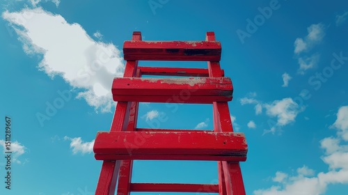 Red Ladder Reaching Up to the Bright Sky