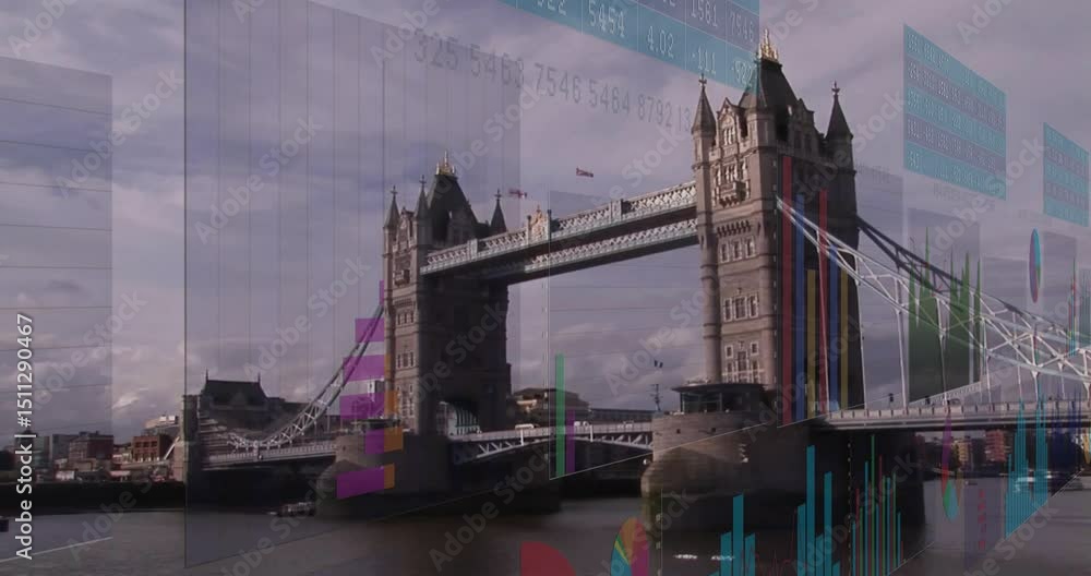 Starting with Tower Bridge, colorful bars sliding in, overlays ...