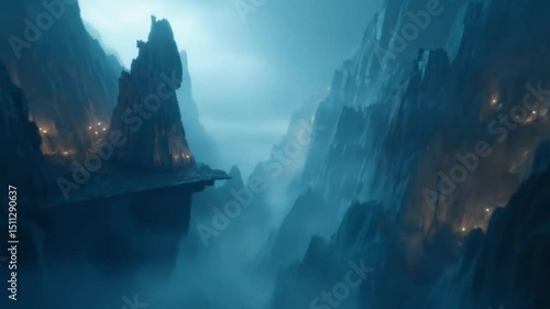 Winter panorama of Niagara Falls amidst a foggy, cloudy landscape with icy peaks and water