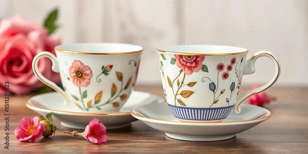 Fototapeta premium A charming vintage teacup and coffee mug set, adorned with hand-drawn floral, leaf, and stripe patterns, perfect for an afternoon tea or breakfast setting, retro, tea ceremony