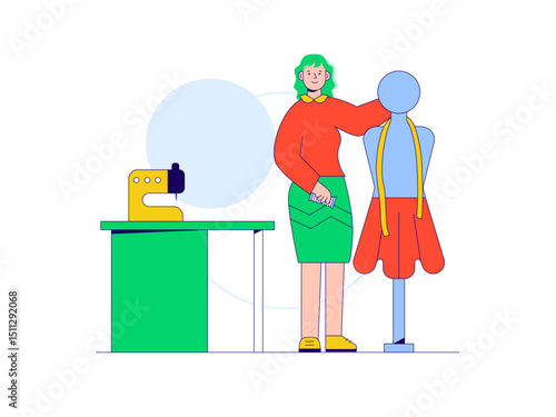 Woman tailor making dress. Craft illustration. Character design. Flat vector illustration.	