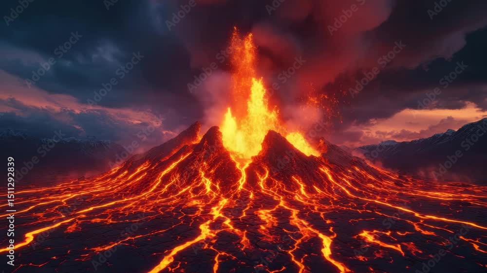Vidéo Stock Volcano eruption with glowing molten lava flowing down dark ...